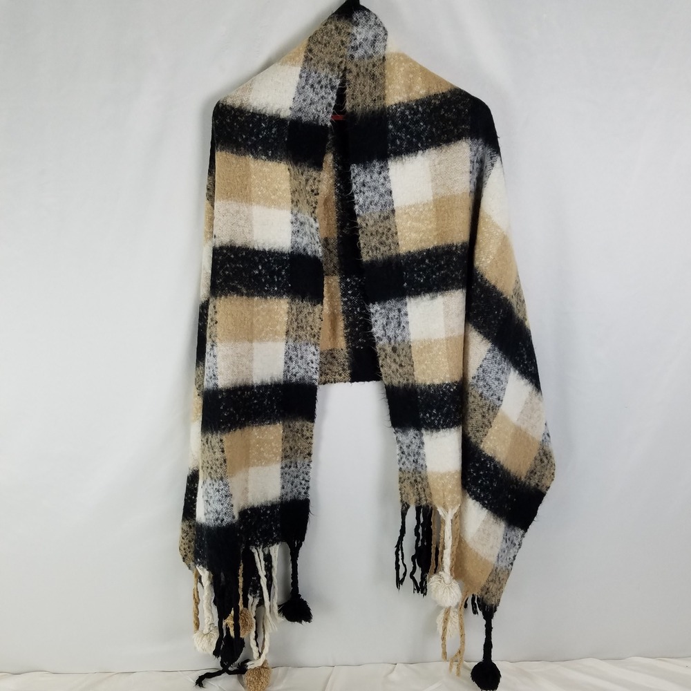 Plaid Fringe Tassel Scarf Wrap Shawl Acrylic Beige Black White BCBGMAXAZRIA